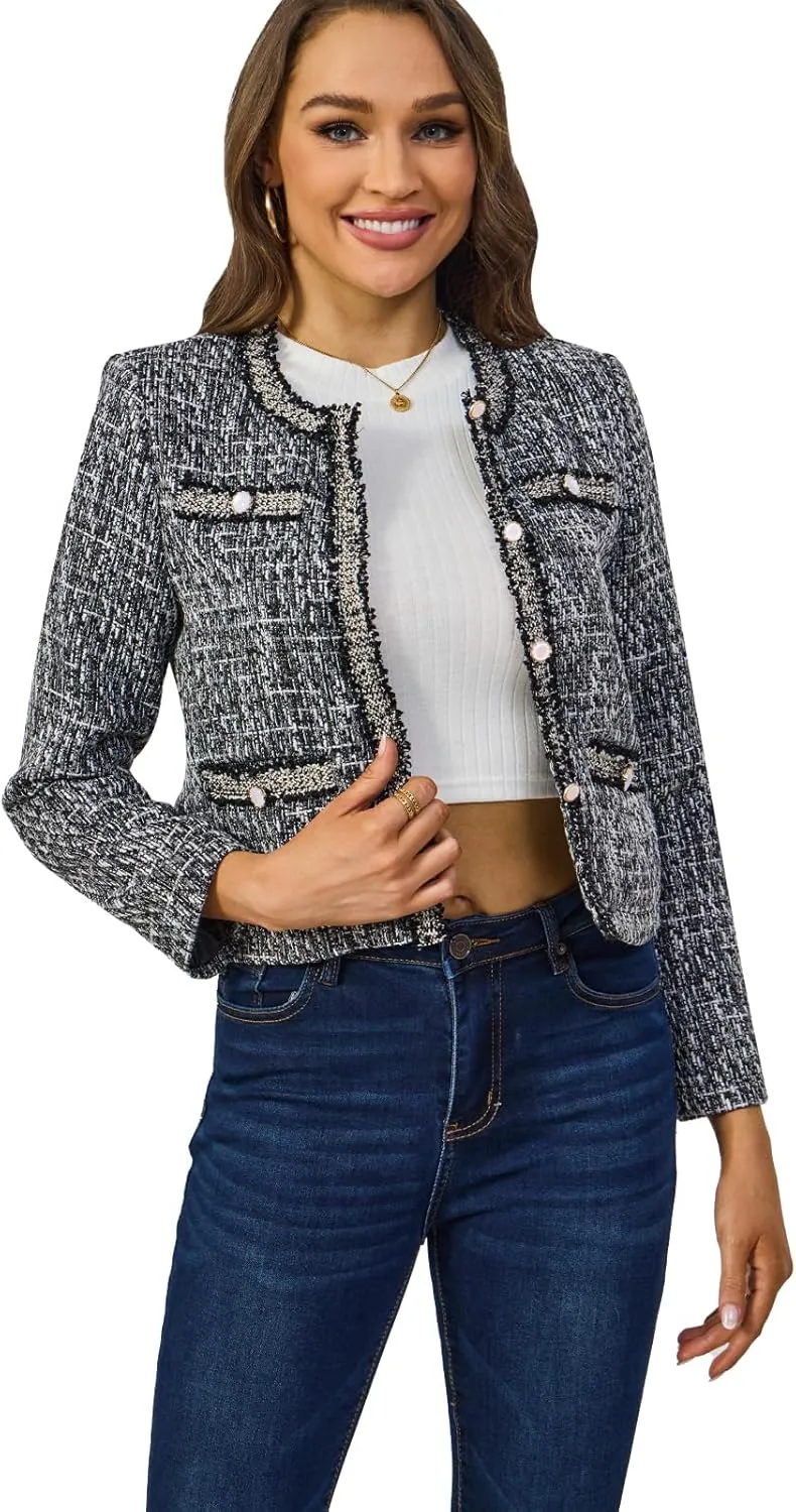 Xaspee Women's Tweed Blazers Cropped Long Sleeve Crewneck Open Front Lace Trim Lightweight Plaid Work Blazer Jackets