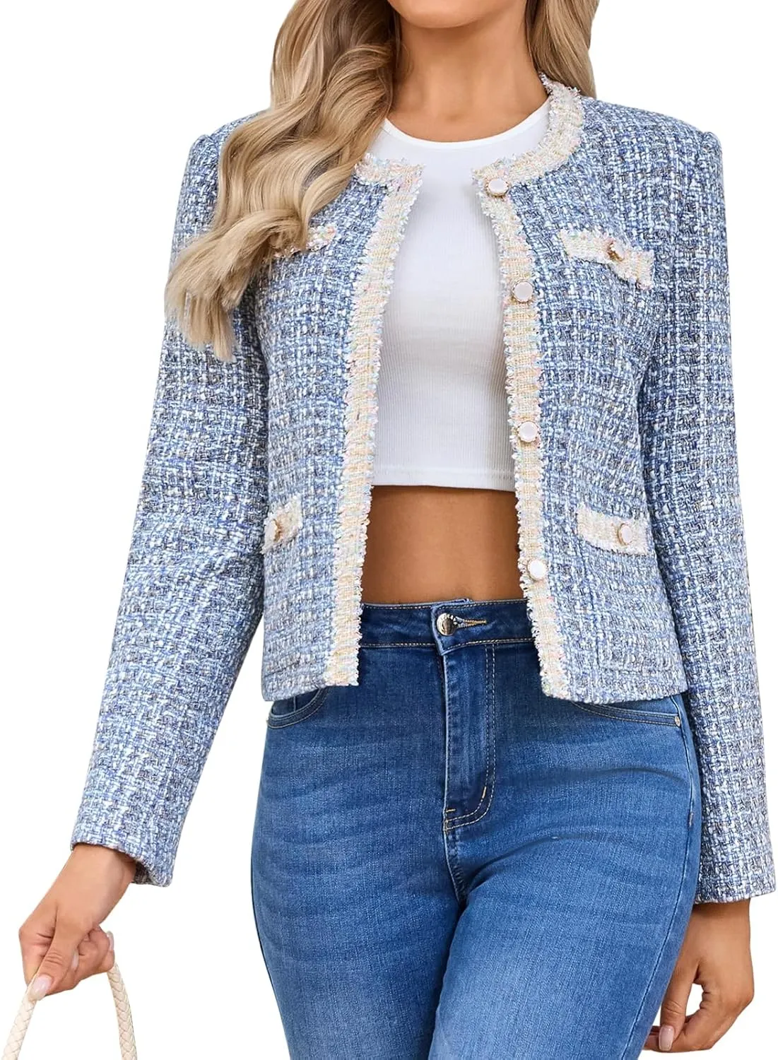 Xaspee Women's Tweed Blazers Cropped Long Sleeve Crewneck Open Front Lace Trim Lightweight Plaid Work Blazer Jackets