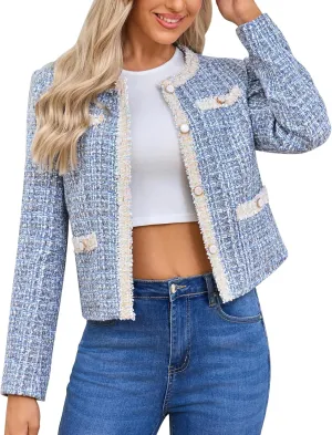Xaspee Women's Tweed Blazers Cropped Long Sleeve Crewneck Open Front Lace Trim Lightweight Plaid Work Blazer Jackets