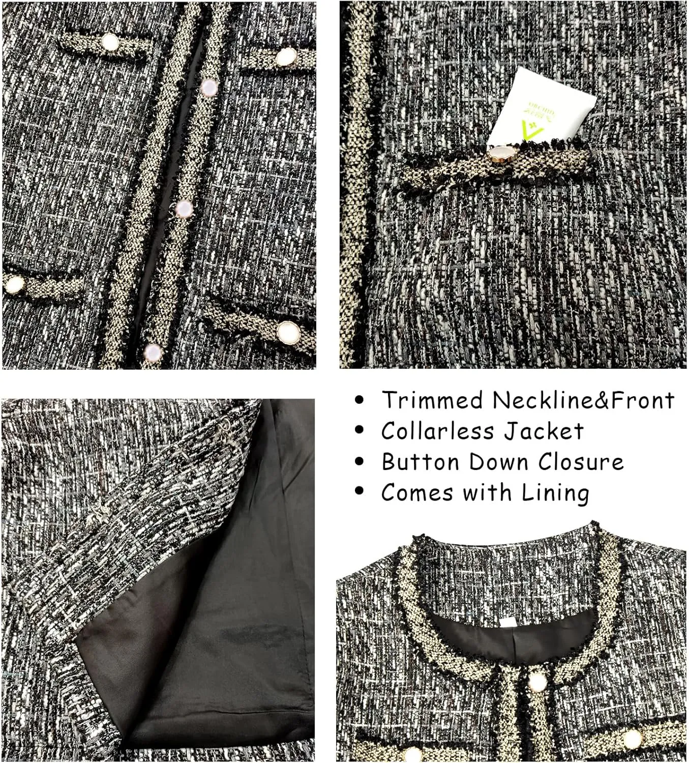 Xaspee Women's Tweed Blazers Cropped Long Sleeve Crewneck Open Front Lace Trim Lightweight Plaid Work Blazer Jackets