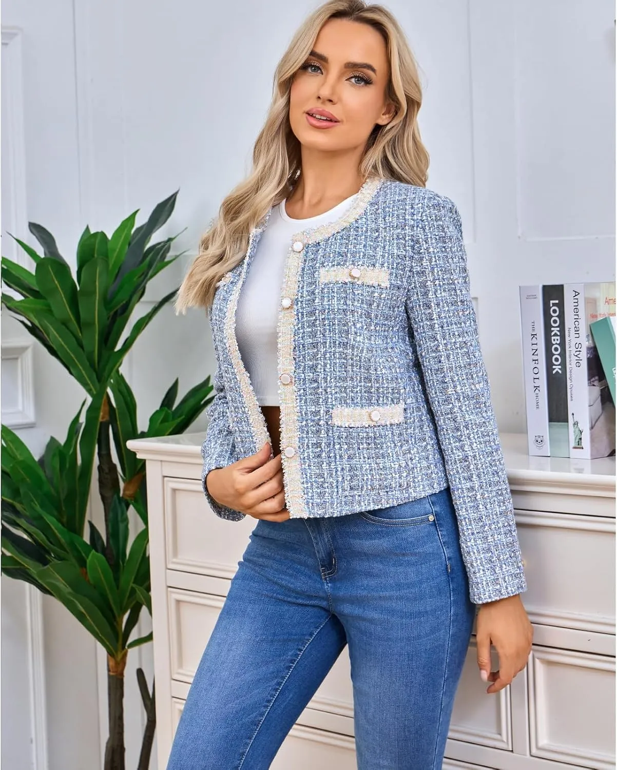 Xaspee Women's Tweed Blazers Cropped Long Sleeve Crewneck Open Front Lace Trim Lightweight Plaid Work Blazer Jackets