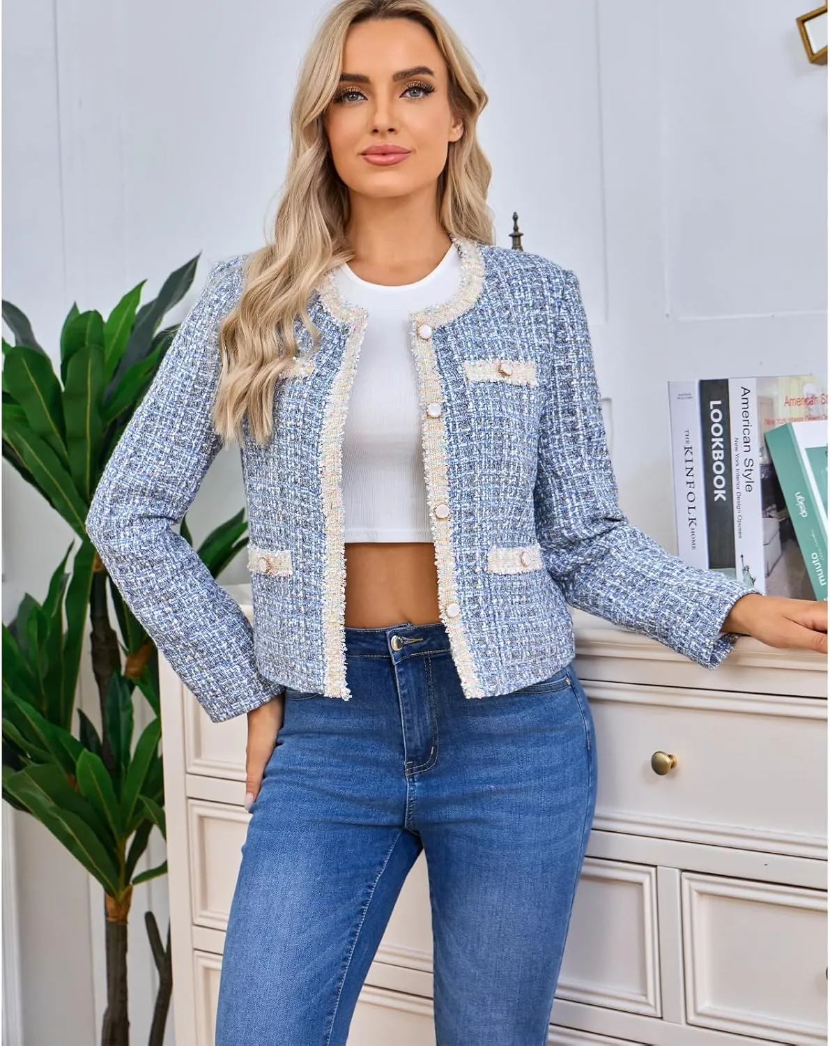 Xaspee Women's Tweed Blazers Cropped Long Sleeve Crewneck Open Front Lace Trim Lightweight Plaid Work Blazer Jackets