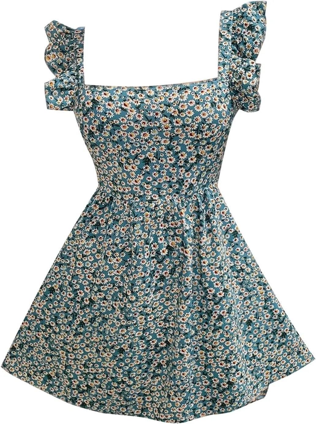 XOWRTE Womens Square Neck Sleeveless Ruffle Dress High Waist Backless A-line Smocked Casual Short Mini Dresses for Women