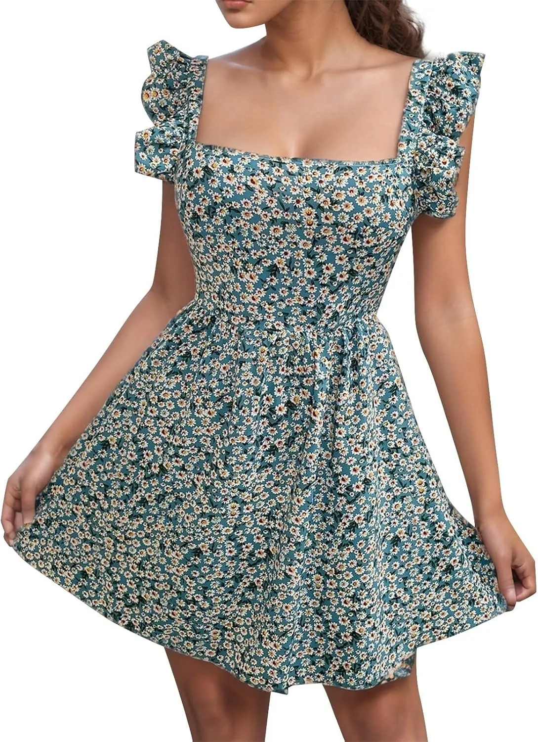 XOWRTE Womens Square Neck Sleeveless Ruffle Dress High Waist Backless A-line Smocked Casual Short Mini Dresses for Women
