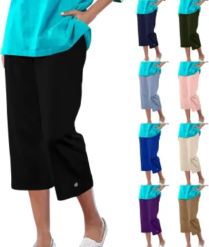 yardsong Capri Pants for Women Cotton Linen Summer Straight Wide Leg Capris Elastic Waist Cropped Trousers with Pockets