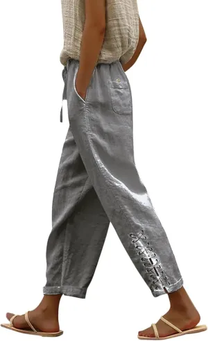YOLAI Cropped Cotton Linen Trousers for Women High Waist Drawstring Pants with Pockets Summer Lightweight Beach Harem Pant (Grey, XL)