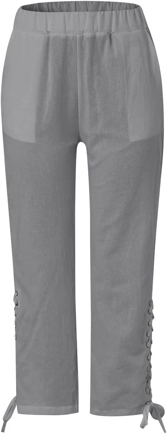 YOLAI Cropped Cotton Linen Trousers for Women High Waist Drawstring Pants with Pockets Summer Lightweight Beach Harem Pant (Grey, XL)