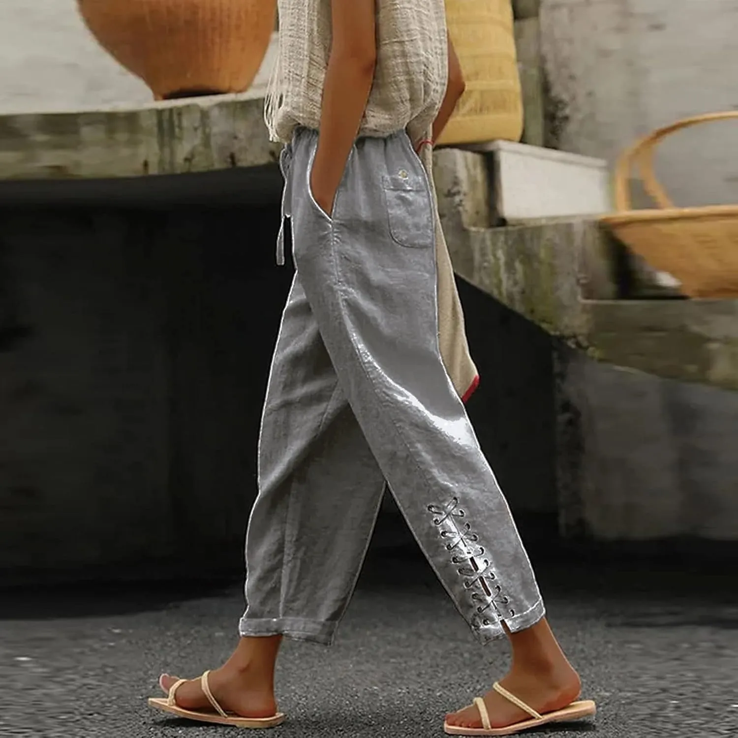 YOLAI Cropped Cotton Linen Trousers for Women High Waist Drawstring Pants with Pockets Summer Lightweight Beach Harem Pant (Grey, XL)