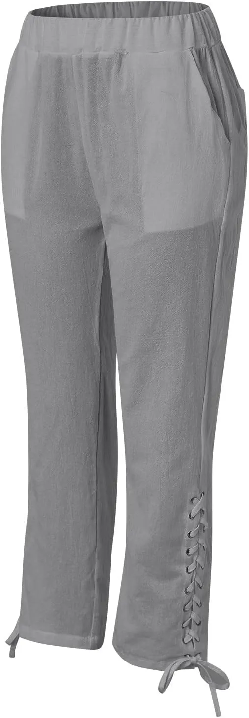 YOLAI Cropped Cotton Linen Trousers for Women High Waist Drawstring Pants with Pockets Summer Lightweight Beach Harem Pant (Grey, XL)