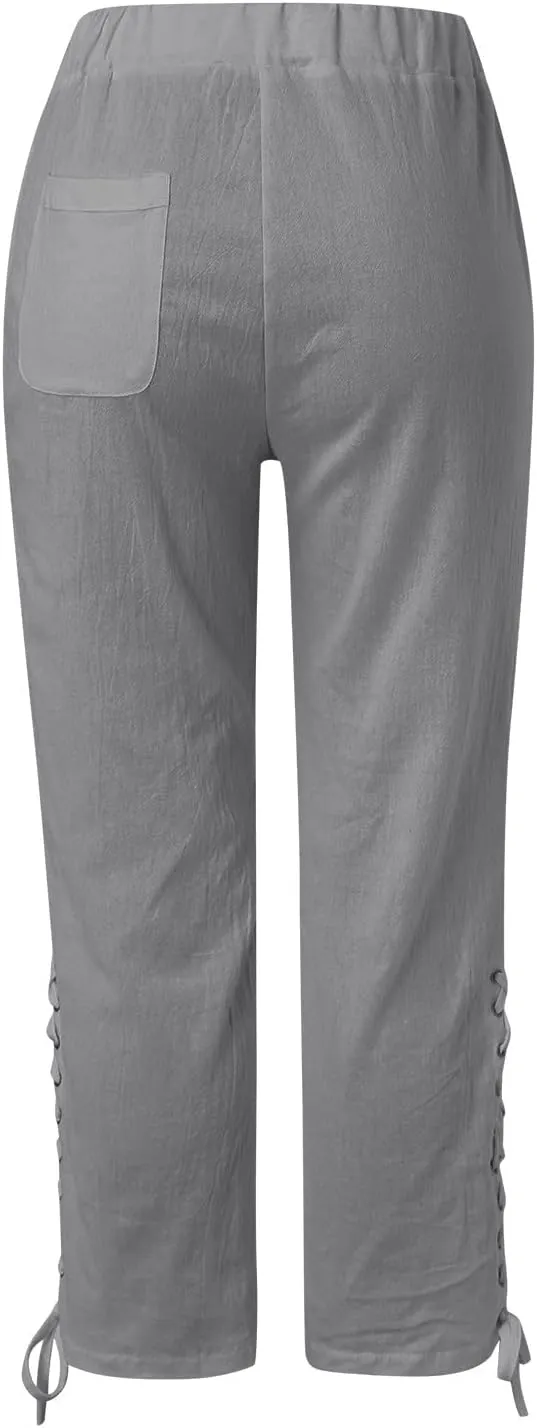 YOLAI Cropped Cotton Linen Trousers for Women High Waist Drawstring Pants with Pockets Summer Lightweight Beach Harem Pant (Grey, XL)