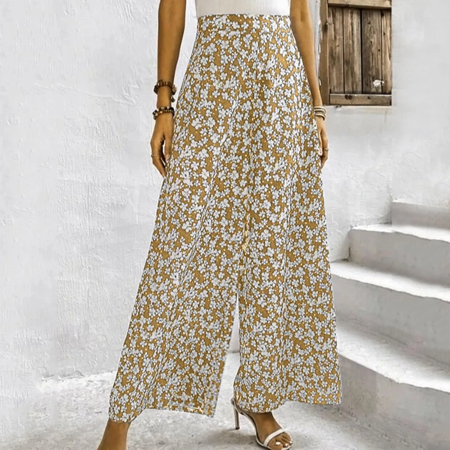 YOLAI Women's Floral Print Loose Pants Casual Lightweight Wide Leg Trousers Long Palazzo Pants