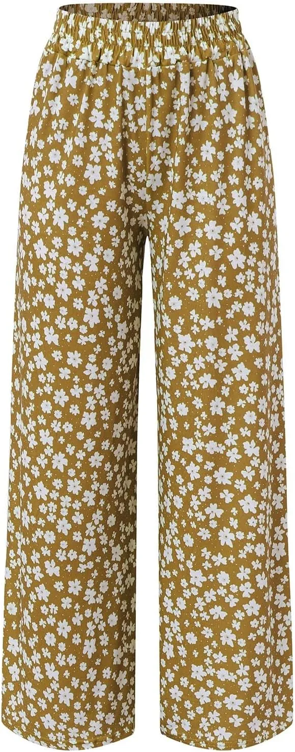 YOLAI Women's Floral Print Loose Pants Casual Lightweight Wide Leg Trousers Long Palazzo Pants
