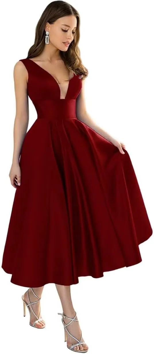 YUAOHUANG V Neck Satin Bridesmaid Dresses for Women Tea Length Pleated Satin Prom Dress with Pockets Formal Evening Gown