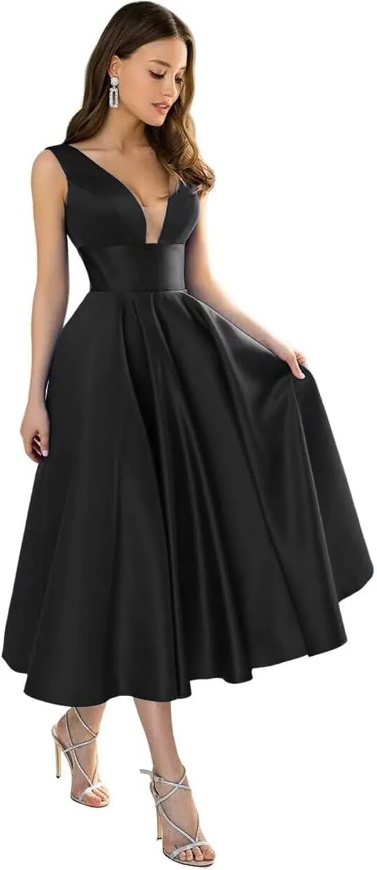 YUAOHUANG V Neck Satin Bridesmaid Dresses for Women Tea Length Pleated Satin Prom Dress with Pockets Formal Evening Gown