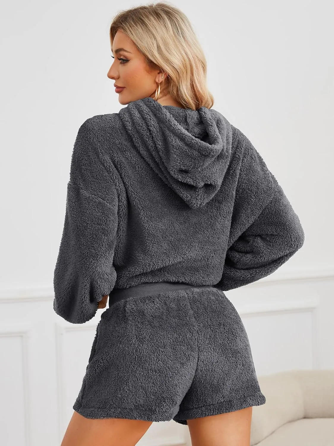ZAFUL Women's Fuzzy Fleece Hoodie Loungewear Pajamas Shorts Sets 2 Piece Fluffy Sweatsuit Set Casual Outfits