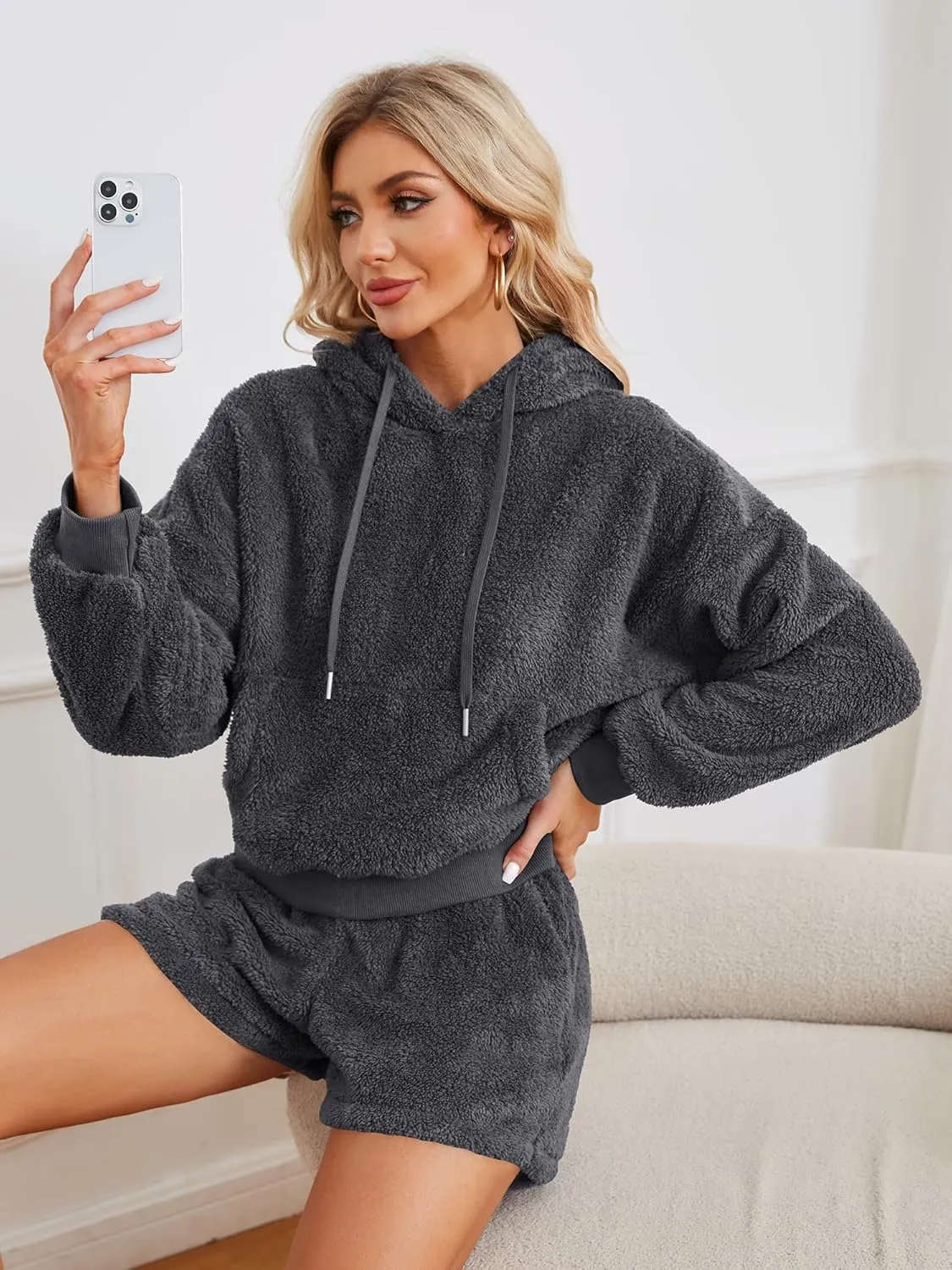 ZAFUL Women's Fuzzy Fleece Hoodie Loungewear Pajamas Shorts Sets 2 Piece Fluffy Sweatsuit Set Casual Outfits