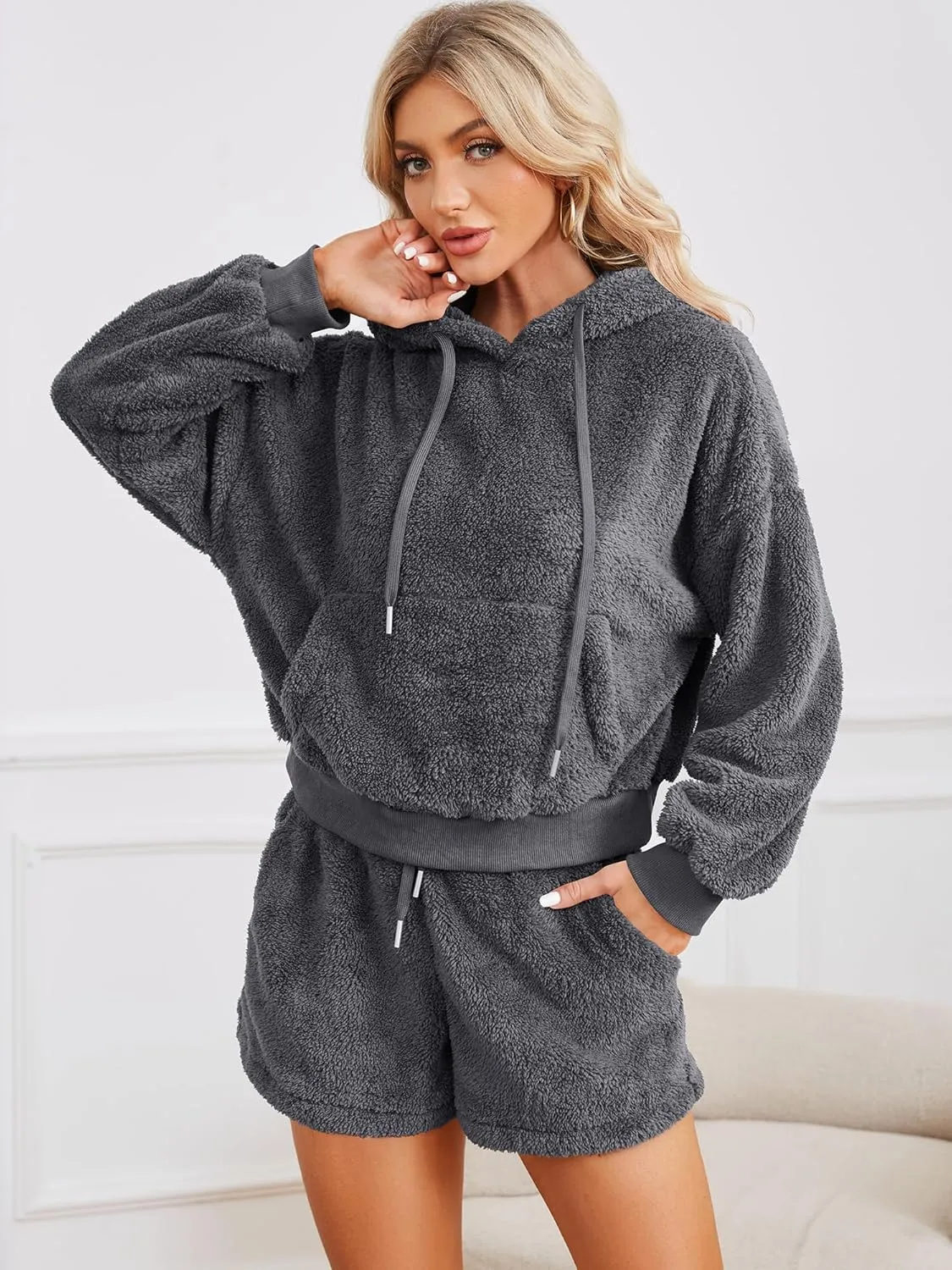 ZAFUL Women's Fuzzy Fleece Hoodie Loungewear Pajamas Shorts Sets 2 Piece Fluffy Sweatsuit Set Casual Outfits