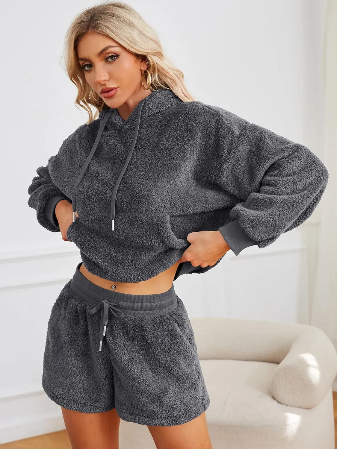 ZAFUL Women's Fuzzy Fleece Hoodie Loungewear Pajamas Shorts Sets 2 Piece Fluffy Sweatsuit Set Casual Outfits