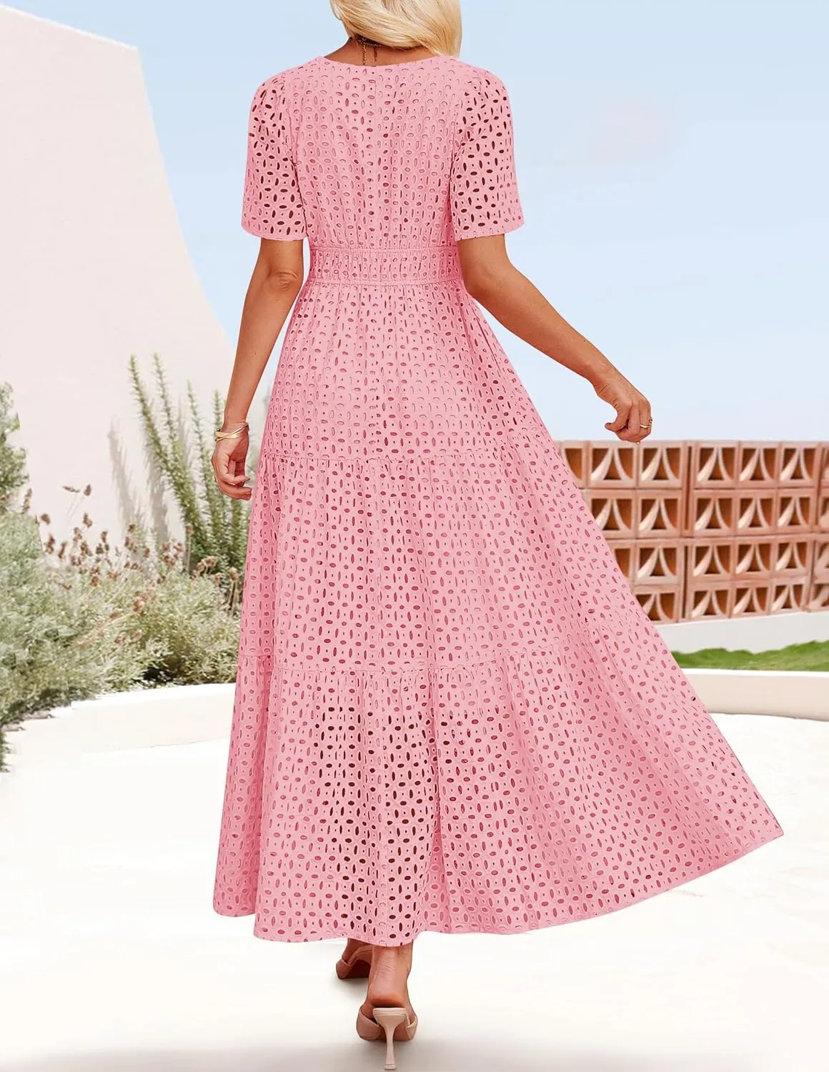 ZESICA Women's 2025 Summer Short Sleeve Maxi Dress Casual V Neck Hollow Out Eyelet Ruffle Swing A Line Long Dresses