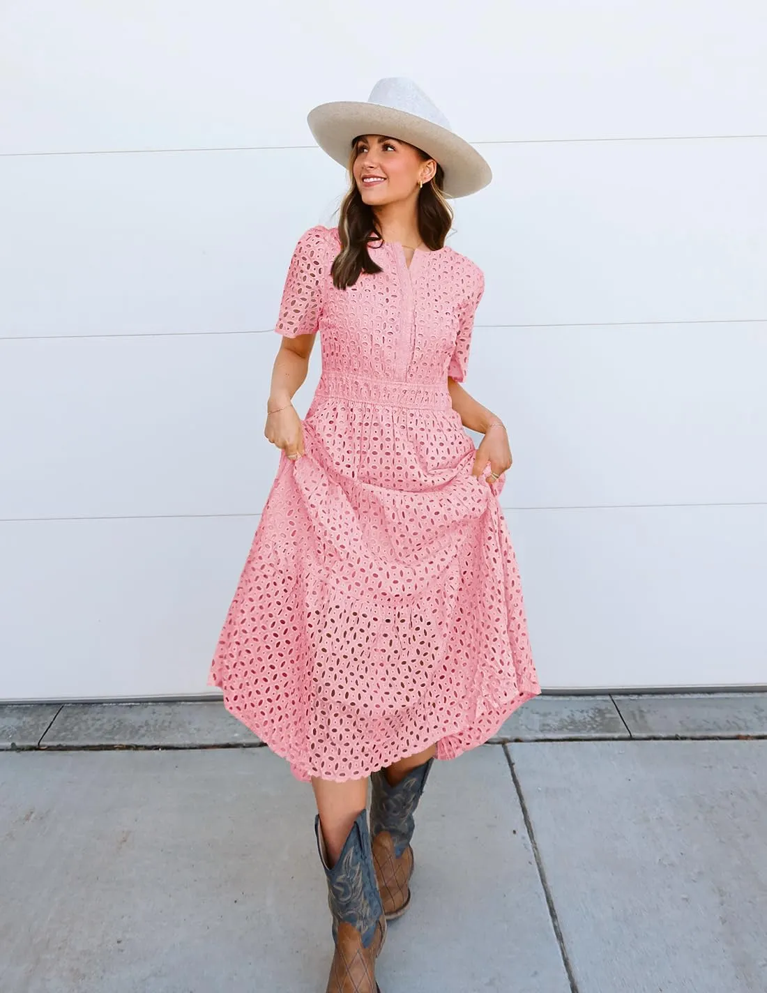 ZESICA Women's 2025 Summer Short Sleeve Maxi Dress Casual V Neck Hollow Out Eyelet Ruffle Swing A Line Long Dresses