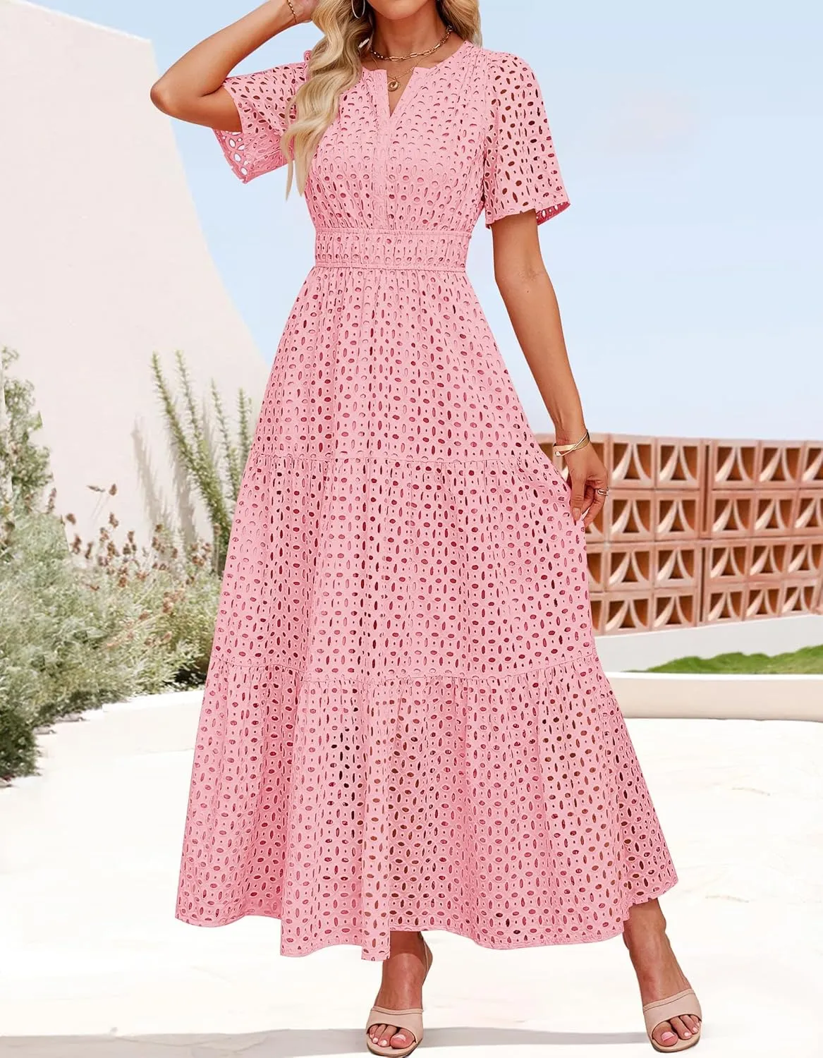 ZESICA Women's 2025 Summer Short Sleeve Maxi Dress Casual V Neck Hollow Out Eyelet Ruffle Swing A Line Long Dresses