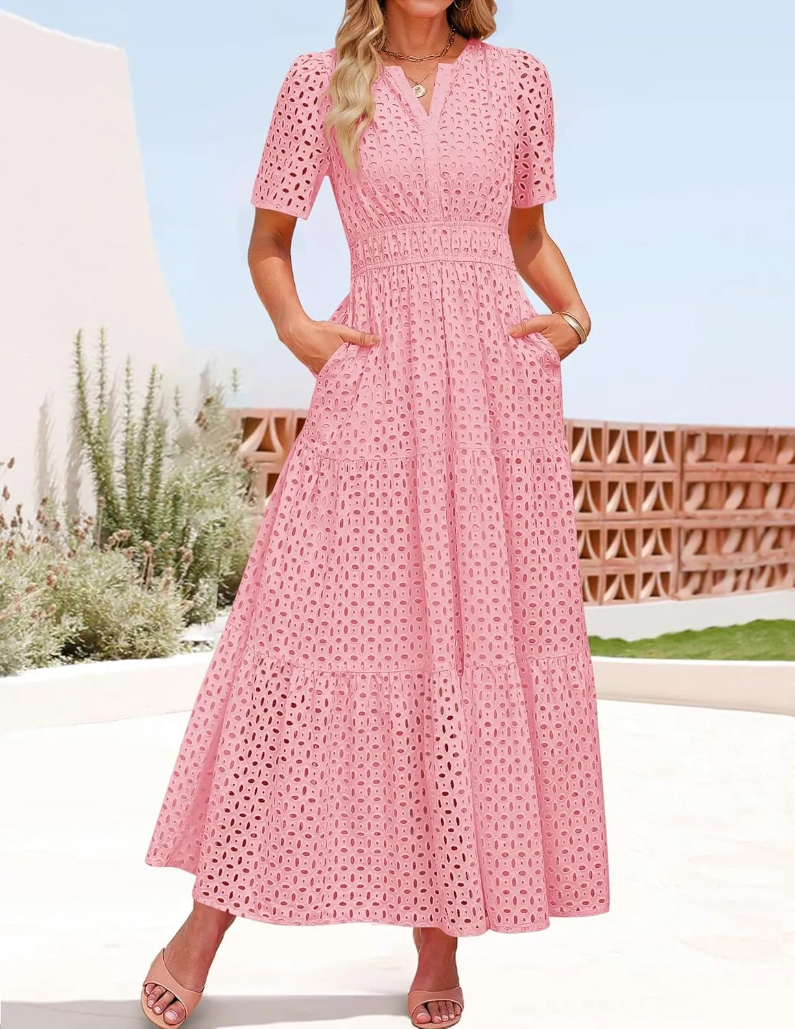 ZESICA Women's 2025 Summer Short Sleeve Maxi Dress Casual V Neck Hollow Out Eyelet Ruffle Swing A Line Long Dresses