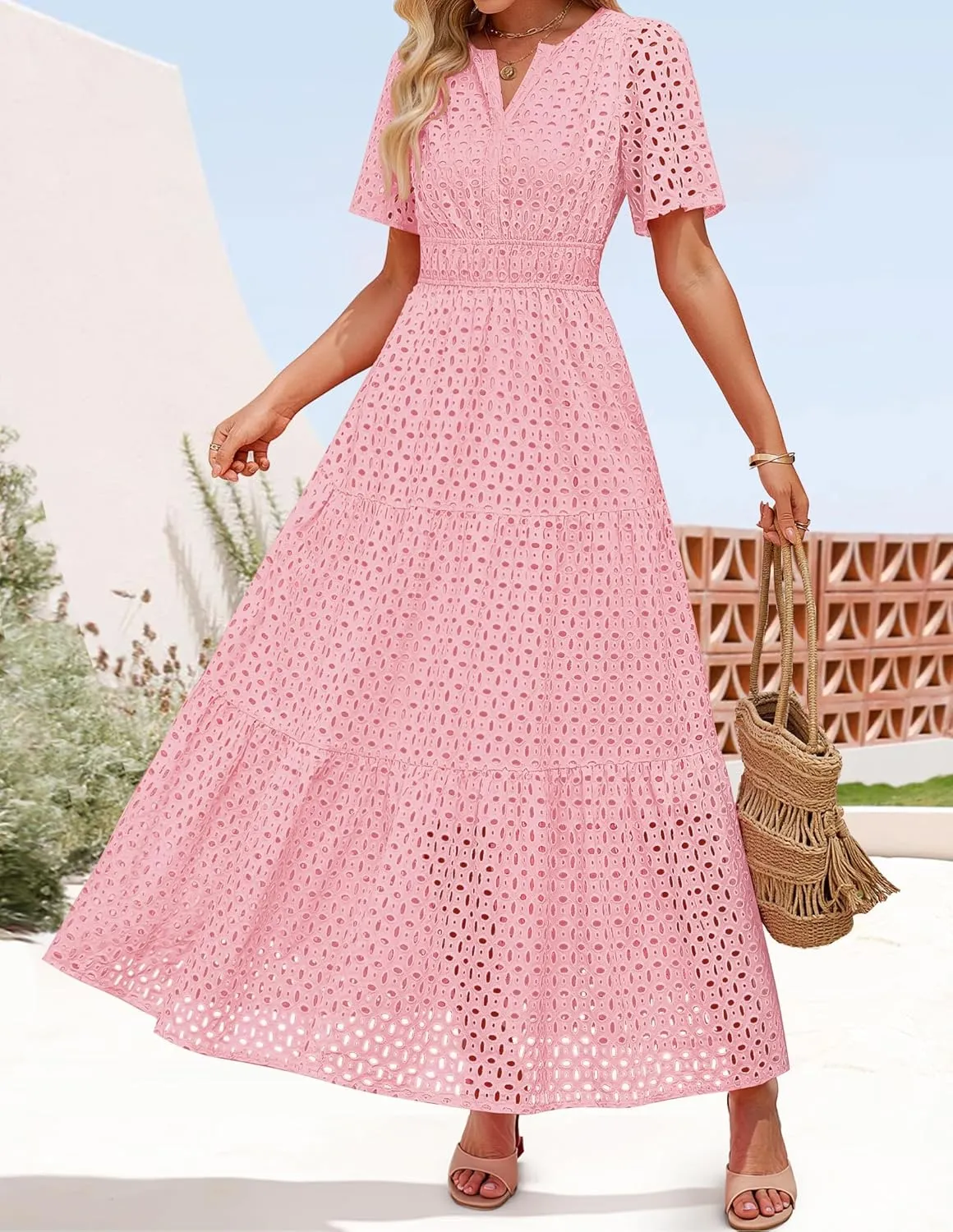 ZESICA Women's 2025 Summer Short Sleeve Maxi Dress Casual V Neck Hollow Out Eyelet Ruffle Swing A Line Long Dresses