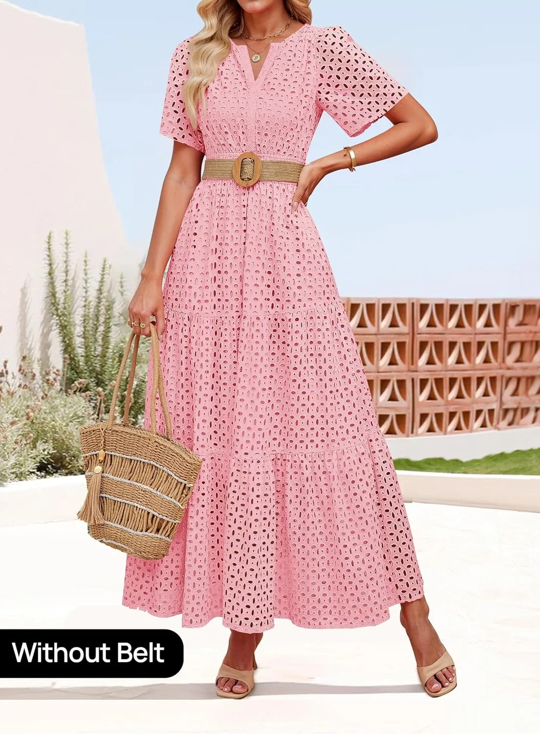ZESICA Women's 2025 Summer Short Sleeve Maxi Dress Casual V Neck Hollow Out Eyelet Ruffle Swing A Line Long Dresses