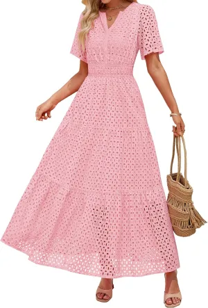 ZESICA Women's 2025 Summer Short Sleeve Maxi Dress Casual V Neck Hollow Out Eyelet Ruffle Swing A Line Long Dresses