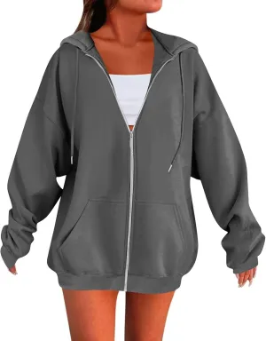 Zip Up Hoodie Women Y2k Oversized Fleece Jacket Workout Drawstring Hooded Sweatshirt with Pockets Winter Clothes