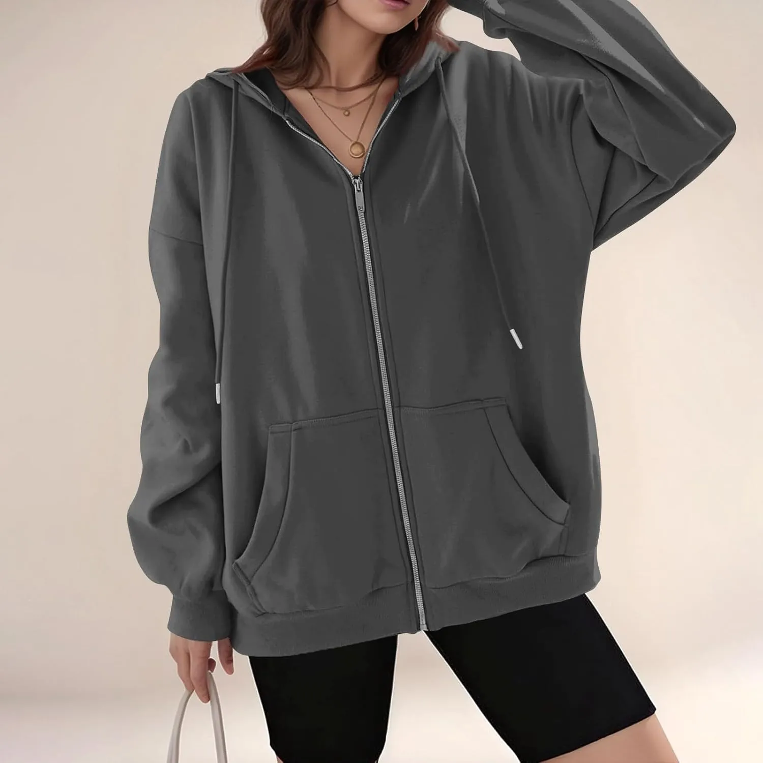 Zip Up Hoodie Women Y2k Oversized Fleece Jacket Workout Drawstring Hooded Sweatshirt with Pockets Winter Clothes