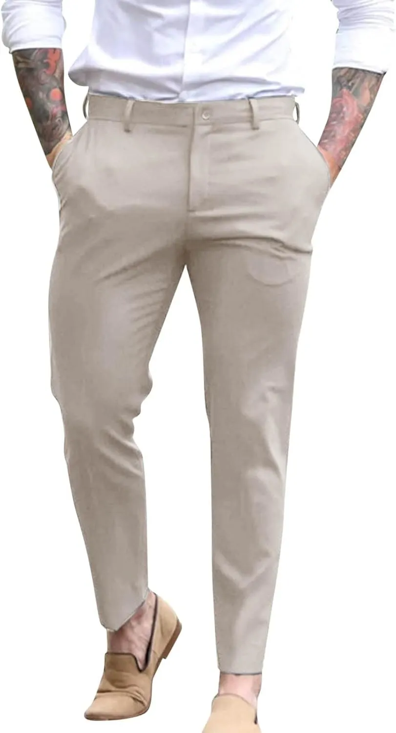 ZYXTIM Men's Classic Fit Flat-Front Work Dress Pant Expandable Waist Slim Fit Open Bottom Chino Pants Slacks with Pockets