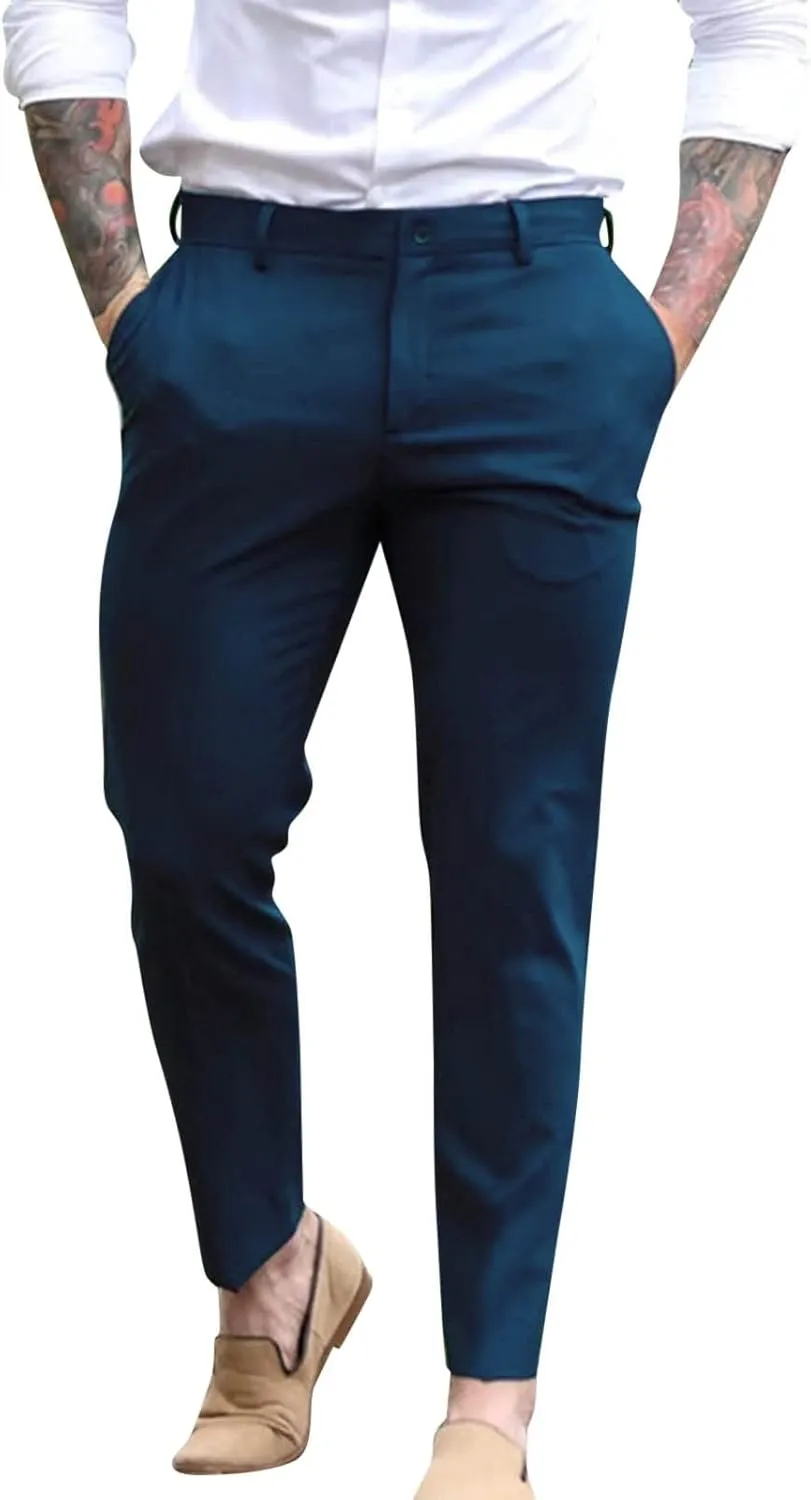 ZYXTIM Men's Classic Fit Flat-Front Work Dress Pant Expandable Waist Slim Fit Open Bottom Chino Pants Slacks with Pockets
