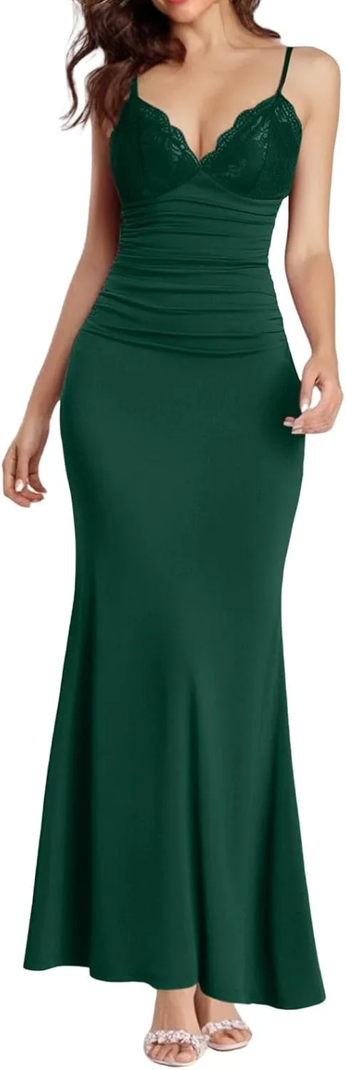ZYXTIM Women Cami Sexy Maxi Dress Lace V Neck Hollow Out Open Back Bodycon Long Dresses Trendy Club Evening Party Prom Dress